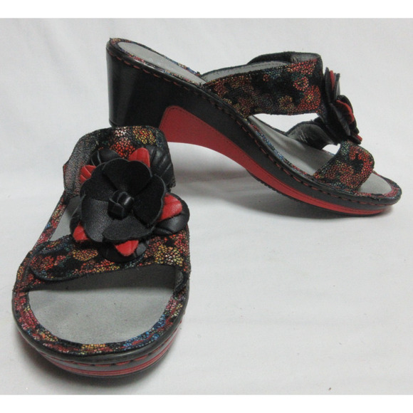 Alegria Lana Flora Fiesta Womens Size 37 7-7.5 Slide Wedge Sandals Black & Red - Picture 1 of 10